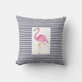 Blue and white stripe flamingo pillow