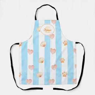 Blue and White Stripe - Hearts,, Paw Print, Shell Apron