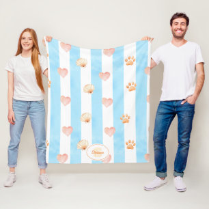 Blue and White Stripe - Hearts,, Paw Print, Shell Fleece Blanket