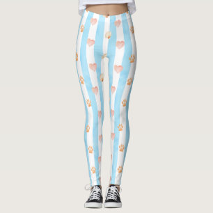 Blue and White Stripe - Hearts,, Paw Print, Shell Leggings