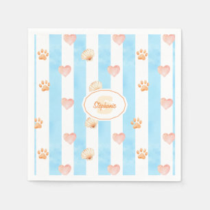 Blue and White Stripe - Hearts,, Paw Print, Shell Napkin