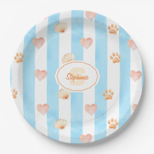 Blue and White Stripe - Hearts,, Paw Print, Shell Paper Plate
