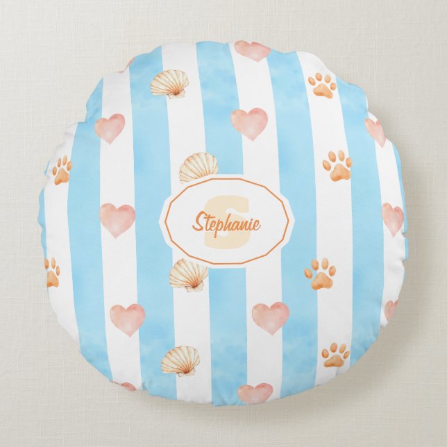 Blue and White Stripe - Hearts,, Paw Print, Shell Round Cushion (Front)