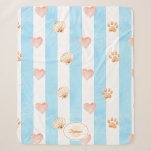 Blue and White Stripe - Hearts,, Paw Print, Shell Sherpa Blanket