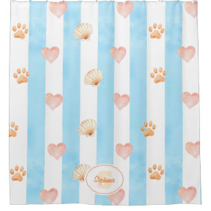Blue and White Stripe - Hearts,, Paw Print, Shell Shower Curtain
