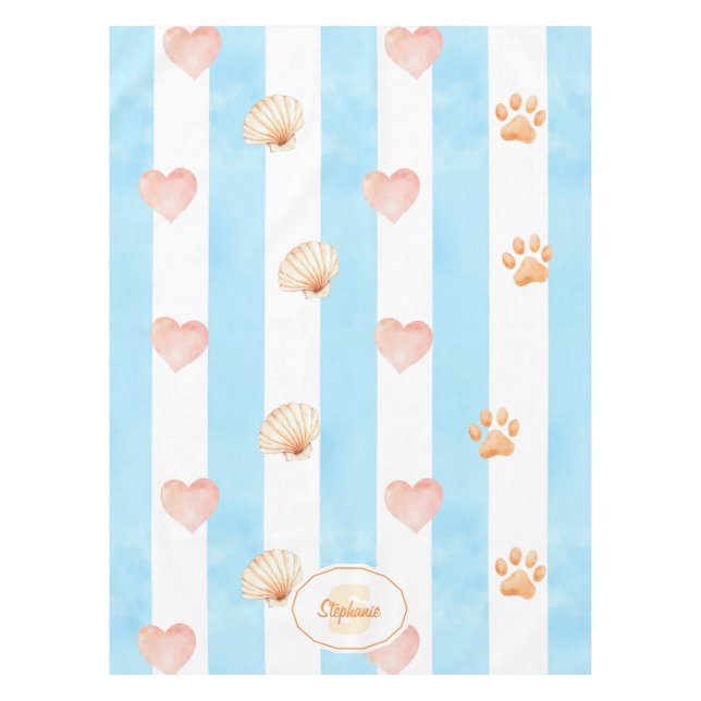 Blue and White Stripe - Hearts,, Paw Print, Shell Tablecloth (Front)