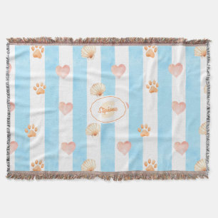 Blue and White Stripe - Hearts,, Paw Print, Shell Throw Blanket