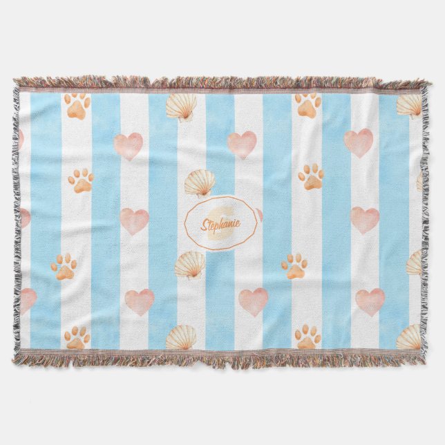 Blue and White Stripe - Hearts,, Paw Print, Shell Throw Blanket (Front)