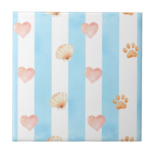 Blue and White Stripe - Hearts,, Paw Print, Shell Tile