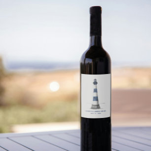 Blue and White Stripe Lighthouse Wedding Wine Labe Label