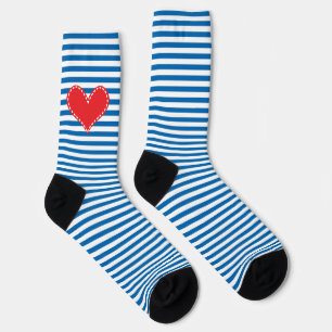 Blue and White Stripe Red Heart Socks