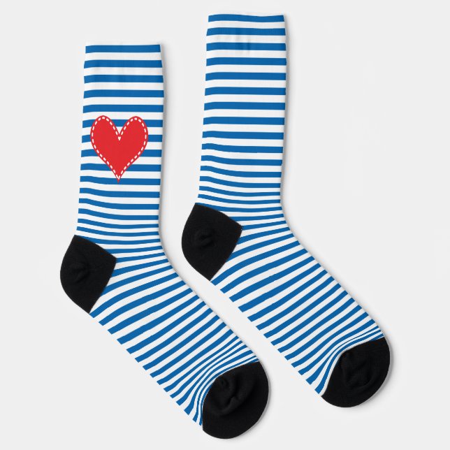 Blue and White Stripe Red  Heart Socks (Right)