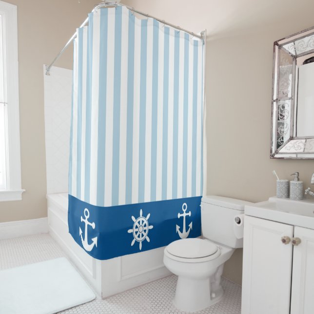 Blue and White Stripe with Nautical Symbols Shower Curtain (In Situ)