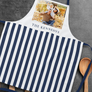 Blue And White Striped Family Name Photo Apron
