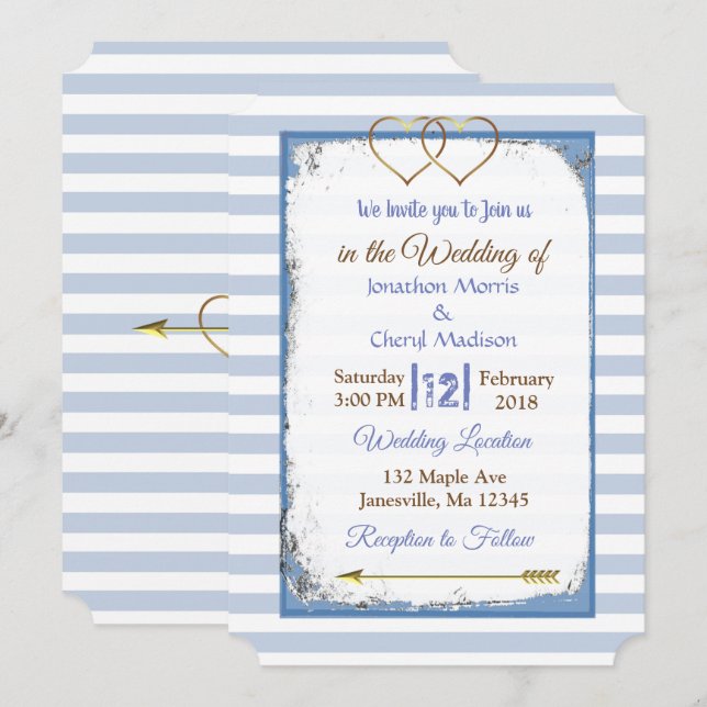 Blue and White Striped Gold  Wedding Invitations (Front/Back)
