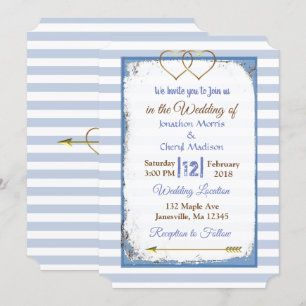 Blue and White Striped Gold  Wedding Invitations
