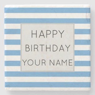 Blue And White Striped Happy Birthday Stone Coaster
