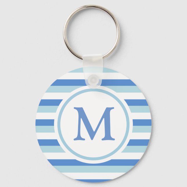 Blue and White Striped Monogram Key Ring (Front)