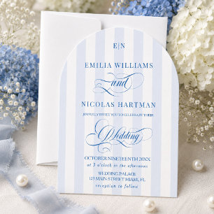 Blue and White Striped Monogram Wedding Invitation