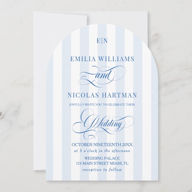 Blue and White Striped Monogram Wedding Invitation (Front)