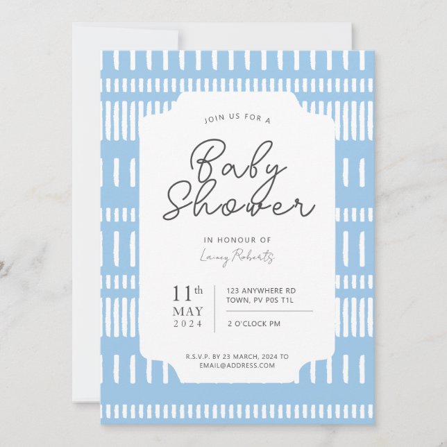 Blue and White Striped Paint Stroke Baby Shower Invitation (Front)