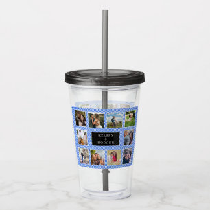 Blue and White Striped Wedding Photo Collage Acrylic Tumbler