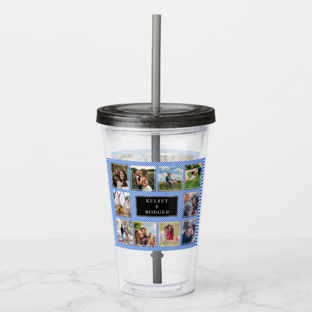 Blue and White Striped Wedding Photo Collage Acrylic Tumbler (Front)