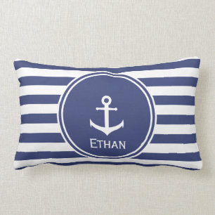 Blue and White Striped with Anchor and Custom Name Lumbar Cushion