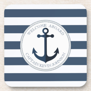 Blue and white striped with anchor personalised coaster