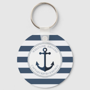Blue and white striped with anchor personalised key ring