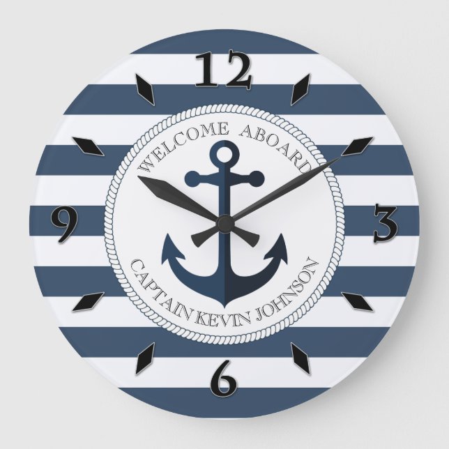 Blue and white striped with anchor personalised large clock (Front)