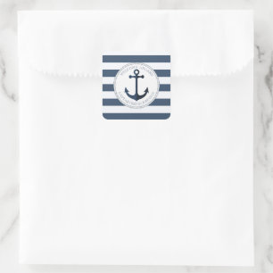 Blue and white striped with anchor personalised square sticker