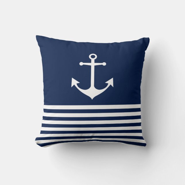 Blue and White, Stripes, Anchor, Nautical Cushion (Front)