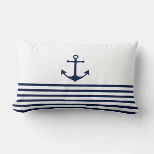 Blue and White Stripes and Anchor - Nautical Lumbar Cushion