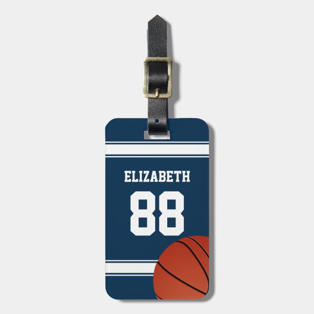 Blue and White Stripes Basketball Jersey Luggage Tag (Front Vertical)