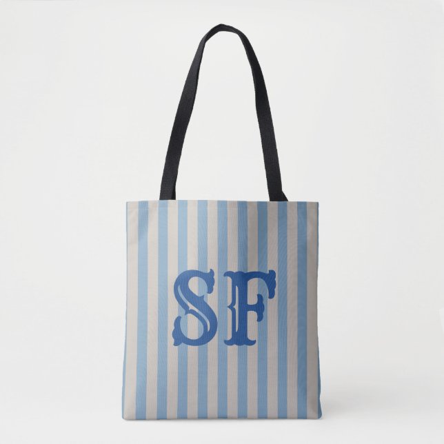 Blue and White Stripes Custom Monogram Tote Bag (Front)