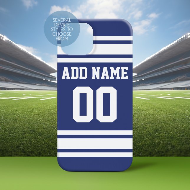 Blue and White Stripes jersey Name and Number Case-Mate iPhone Case (Personalized Phone Case with a Football Jersey Stripe Design)