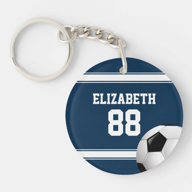 Blue and White Stripes Jersey Soccer Ball Key Ring (Front)