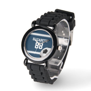 Blue and White Stripes Jersey Soccer Ball Watch