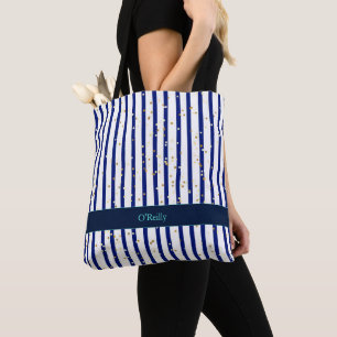 Blue and White Stripes Modern Monogram Tote Bag
