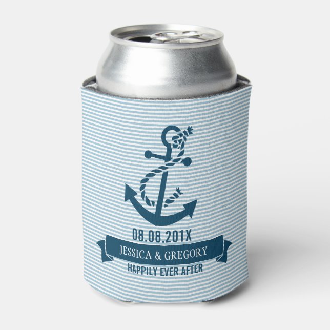 Blue And White Stripes & Nautical Boat Anchor Can Cooler (Can Front)