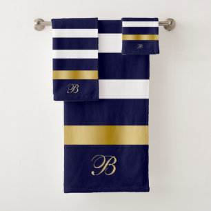 Blue and white stripes pattern gold accents bath towel set