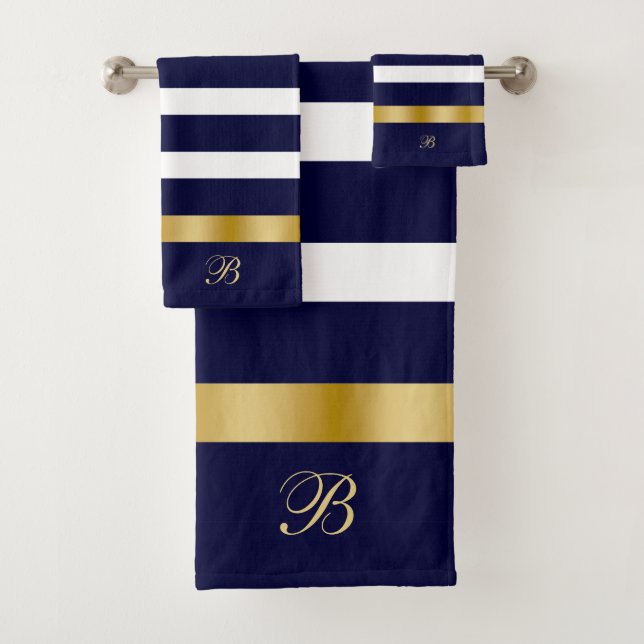 Blue and white stripes pattern gold accents bath towel set (Insitu)
