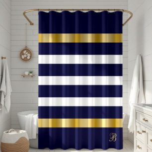 Blue and white stripes pattern gold accents shower curtain