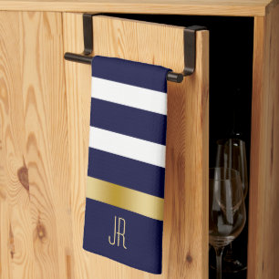 Blue and white stripes pattern gold accents tea towel