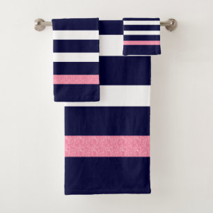 Blue and white stripes pattern pink accents bath towel set