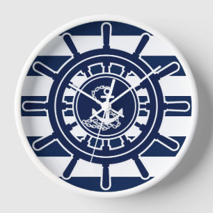 Blue and White Stripes, Ship's Wheel Anchor Symbol Clock