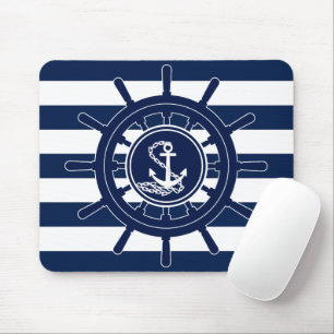 Blue and White Stripes, Ship's Wheel Anchor Symbol Mouse Mat