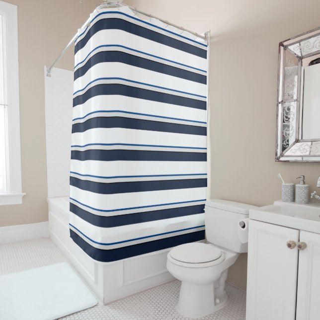 Blue and white stripes shower curtain (In Situ)