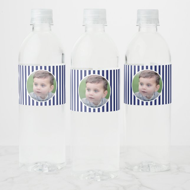 Blue and white Stripes Water Bottle Label (Bottles)
